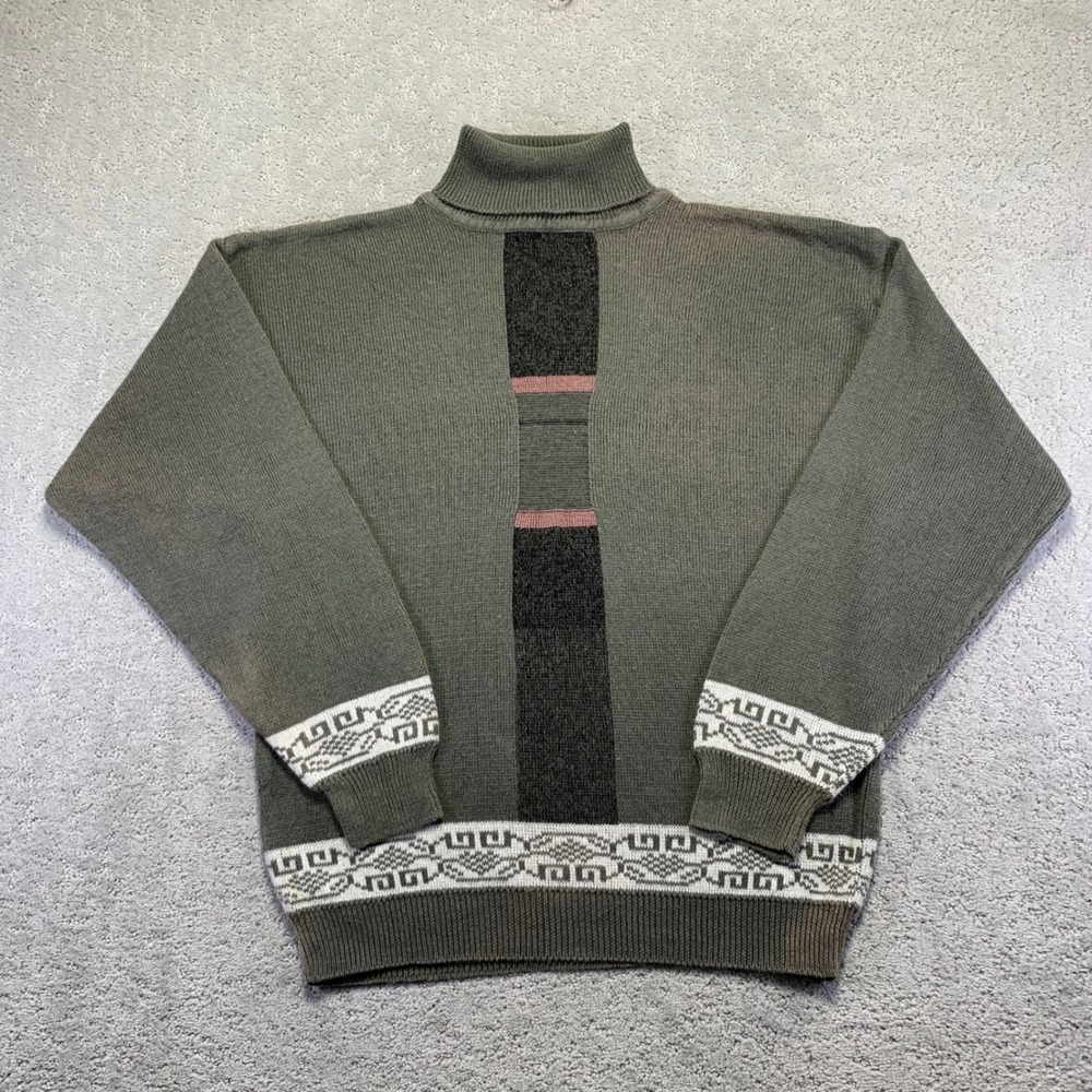 VTG Le Grand Nine Generra Sweater Large Green Faded Turtleneck Knitted Pullover